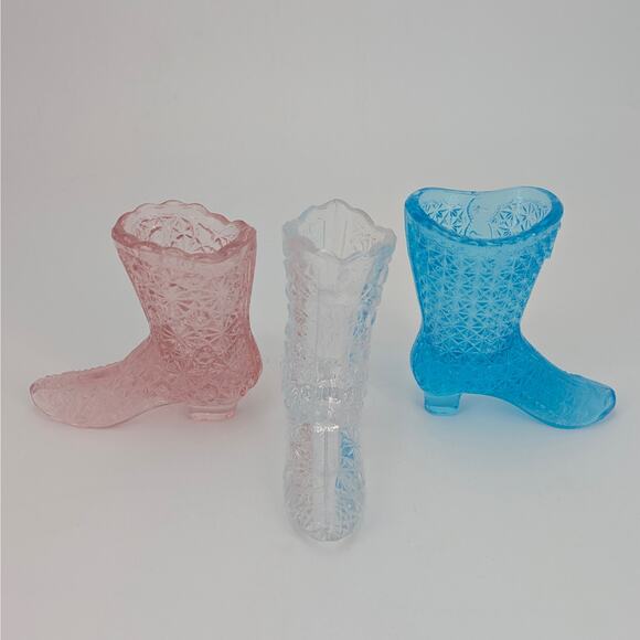 Victorian Button Boots Glass Shoe Set Ladies Pressed Aqua Blue Clear Pink Fenton - Picture 9 of 12